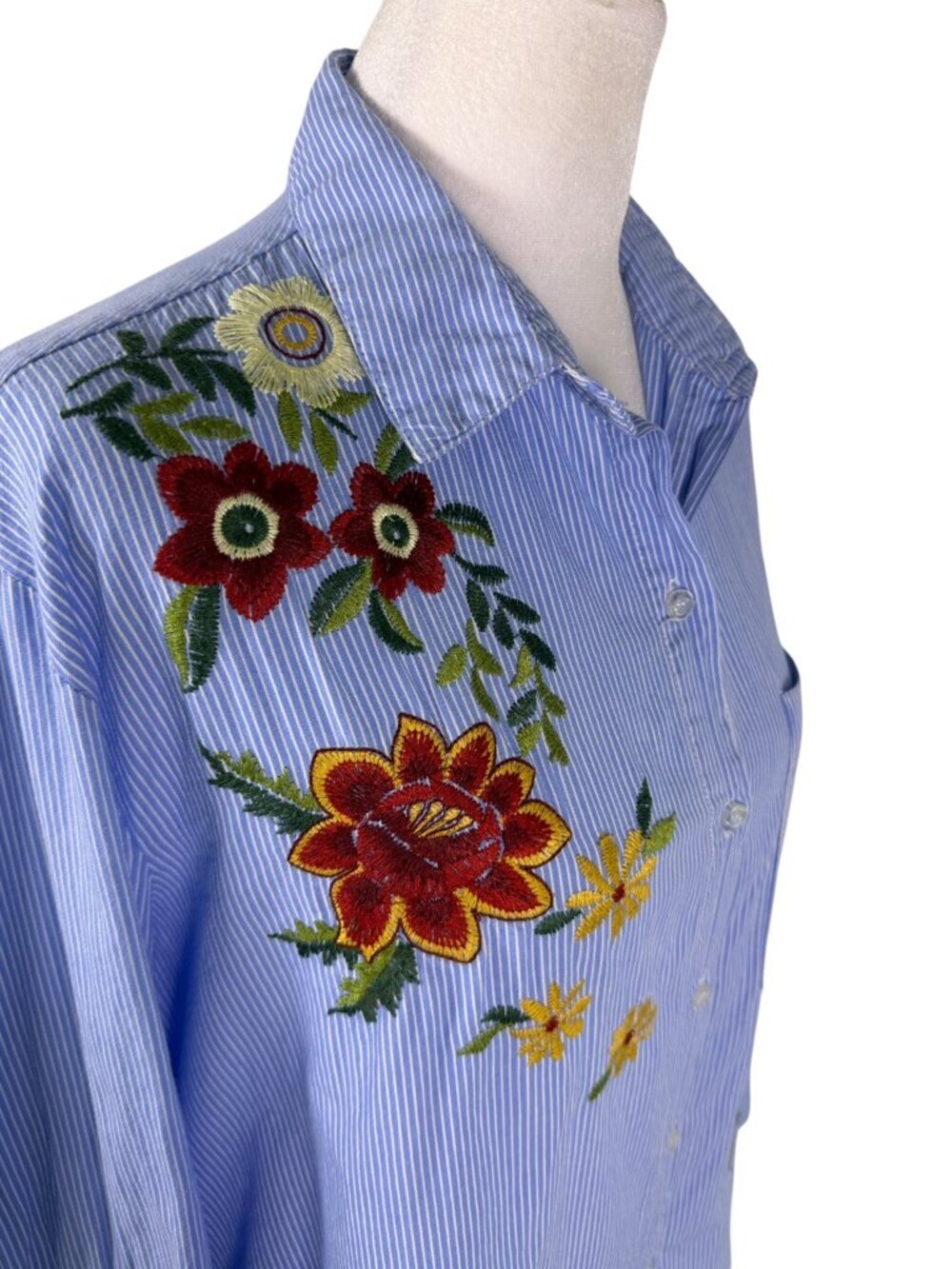 Giani Bini Blue Striped Floral Embroidered Button-Up Shirt | Size Est. L - Picture 3 of 12